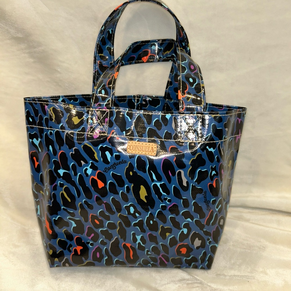 Consuela Patent Blue Leopard Mini Tote with Multicolor Spots